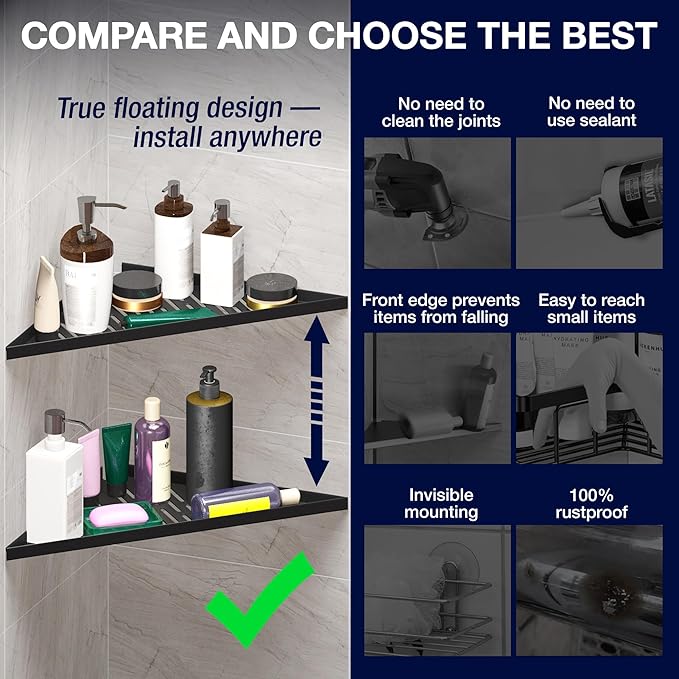 Bathroom Corner Shelves for Shower - Adhesive / Stick / Drill / No Drill - 16" Strong Black Floating Corner Shelf for Tiled Wall, Bathroom, Inside Shower Caddy, Shelf Wall Mount Triangular, Organizer
