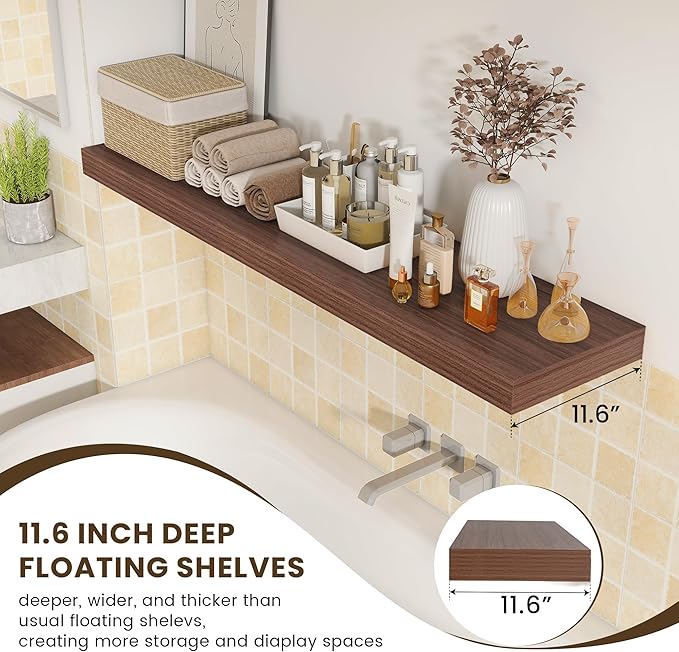 FLYJOE 12 Inch Deep Floating Shelves | 55 Inch Walnut Floating Shelves | 55" W x 12" D Rustic Wood Shelves for Wall | Deep Walnut Shelves for Living Room Bathroom Laundry Room Kitchen