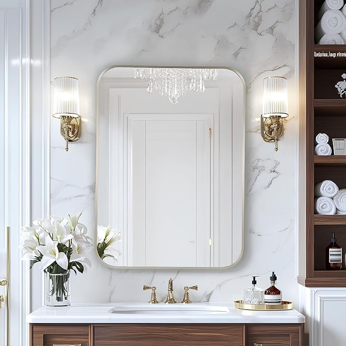 MZON 20x30Inch Brushed Nickel Bathroom Mirror, Rectangle Wall Mounted Mirror for Bathroom or Dresser, Anti-Rust Frame & Tempered Glass, Hangs Horizontally/Vertically - Space-Saving Modern Decor