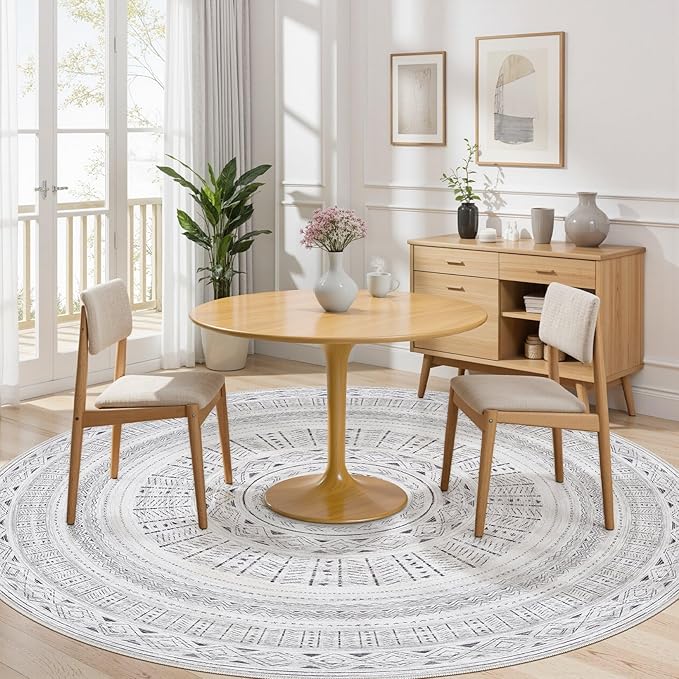 cotiled 8x8 Round Area Rug Living Room: Washable Boho Rugs with Non Slip Backing Large Soft Indoor Stain Resistant Carpet for Bedroom Farmhouse Dining Room Lightweight Home Decor Dark Grey