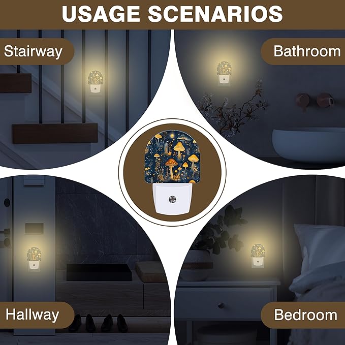 Night Lights Plug into Wall Mystical Mushroom Forest Night Light Dusk to Dawn Smart Sensor Decorative Round Led Lamp for Bedroom Kitchen Hallway Nightlight for Women Men