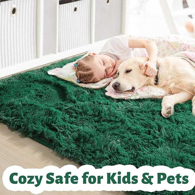 Amdrebio Dark Green Area Rugs for Living Room, 5x8, Fluffy Thick Rug for Bedroom, Soft Indoor Furry Rugs for Kids Room, Teen, Shag Modern Cool Carpet for Nursery Playroom Classroom, Emerald Green