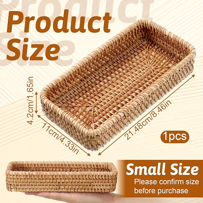 Small Rattan Serving Tray Key Basket for Entryway Natural Wicker Decorative Tray for Keys, Trinkets, Kitchen, Coffee Table