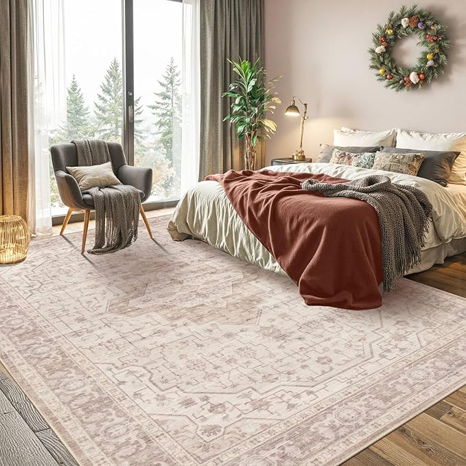 Rugxara Pink 6x9 Washable Area Rug for Living Room & Bedroom, Rugs for Girls Women, Non Slip, Durable Low Pile Carpet, Vintage Carpets for Office, Dining Room, Kids Room and Farmhouse