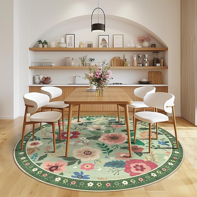 RELEANY Floral Nursery 8ft Area Rugs Washable Print Boho Cute Carpet Non Slip Flower Low Pile for Living Room Kids Girls Playroom Bedroom Kitchen Office Farmhouse-Light Green