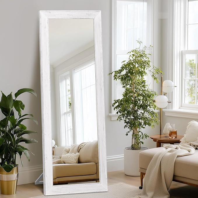 Full Length Mirror 65"x22" - Beveled Edge Rustic White Dressing Mirror, Solid Wood Frame, Wall Mounted or Standing for Bedroom, Entryway, Living Room