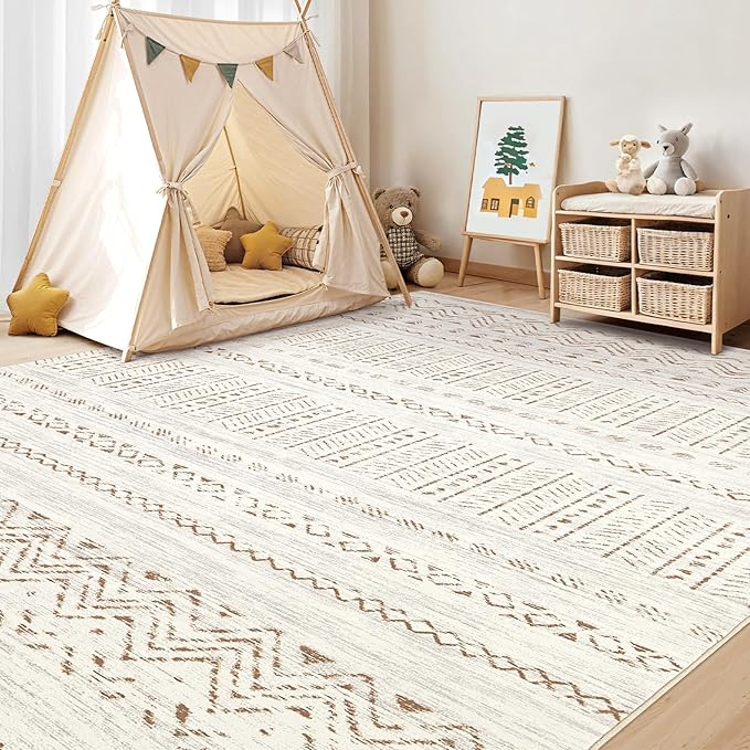 cotiled 7x9 Area Rug Living Room: Washable Boho Rugs with Non Slip Backing Large Soft Indoor Stain Resistant Carpet for Bedroom Farmhouse Dining Room Lightweight Home Decor Brown/Cream