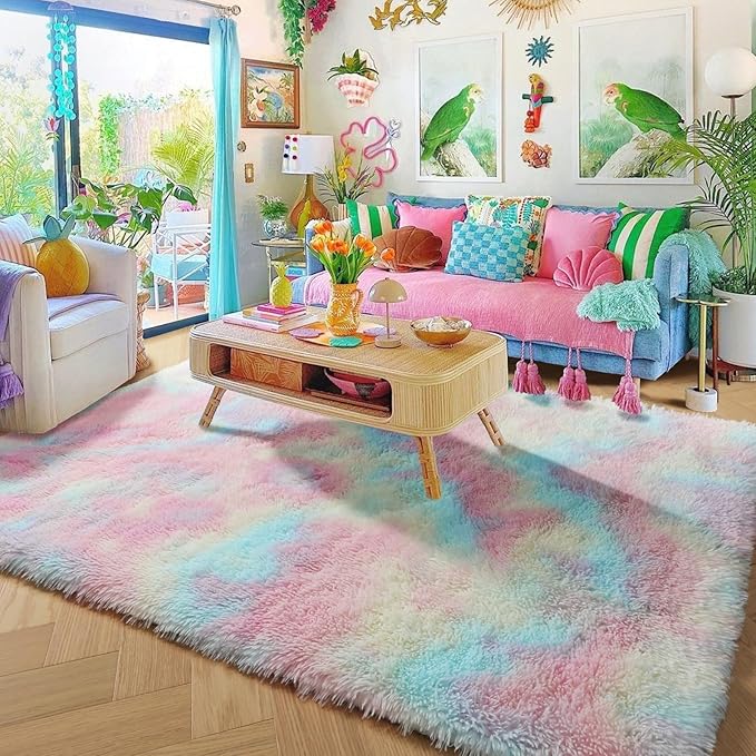Rainbow Pastel Kids Rugs for Toddler Girls Bedroom, Cute Unicorn Room Decor, Fluffy Furry Shag Area Rugs for Classroom Dorm Nursery Playroom, Fuzzy Kawaii Floor Colorful Carpet for Baby Teen, 4x6 Rug
