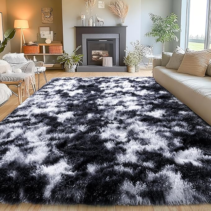 Area Rugs for Living Room 6x9, Ultra Soft Fluffy Rug for Bedroom, Modern Shaggy Carpets Fuzzy Rug for Girls Boys Room Home Indoor Nursery Teens Dorm Decor, Upgrade Non-Slip Durable, Black and White