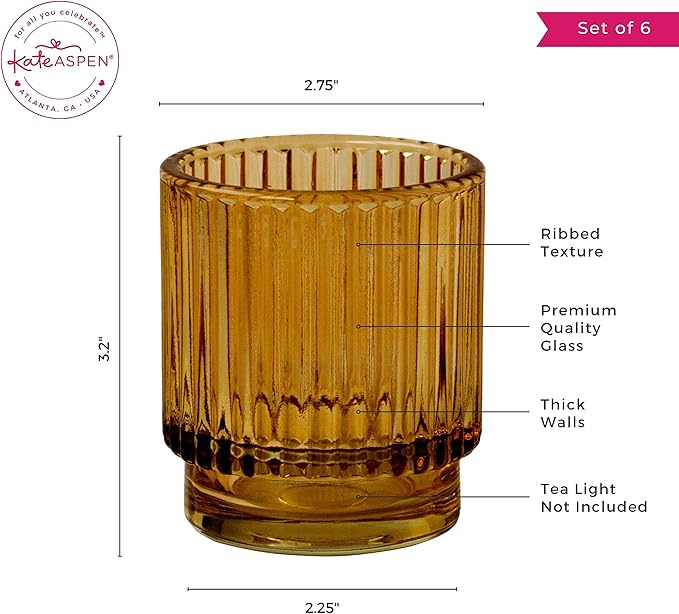 Kate Aspen Vintage Glass Tealight & Amber Votive Candle Holders (Set of 6) Rustic Fluted Candle Holder Set, Boho Home Decor, Wedding Table Centerpieces, Farmhouse Kitchen Table Decor