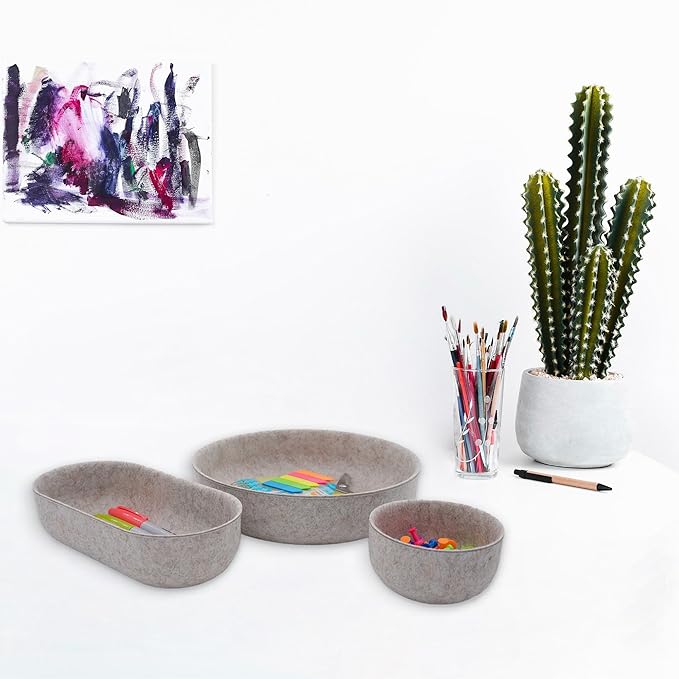 Welaxy EDC Cathall Desk Organizer felt bowls round stylish nightstand multi tray Entryway Bedside Caddy for Keys Phone Wallet Watch Glasses Pens minimalist living 3-Piece (Oatmeal)