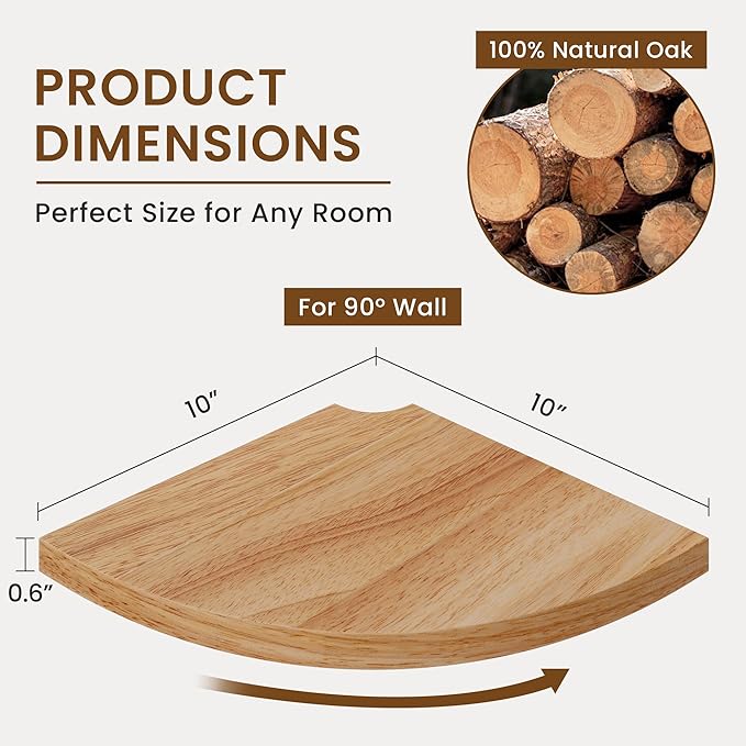 Fun Memories Corner Shelf Wall Mount, Solid Oak Wood Floating Corner Shelves with Cable Hole, 10in Rustic Design for Bedroom, Bathroom, Kitchen, Living Room (Natural, 1 Pack)