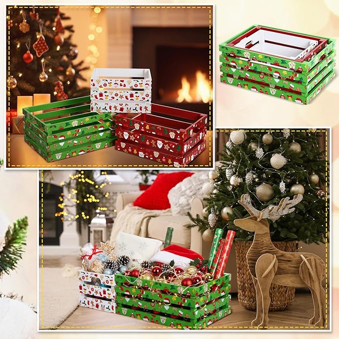 Novabright 3 Pcs Christmas Wood Crates 13'' 11'' 9'' Decorative Rustic Nesting Crate with Handle Farmhouse Wood Storage Basket Gift Boxes for Winter Display Candy Craft Pet Holiday Decor(Cute Style)