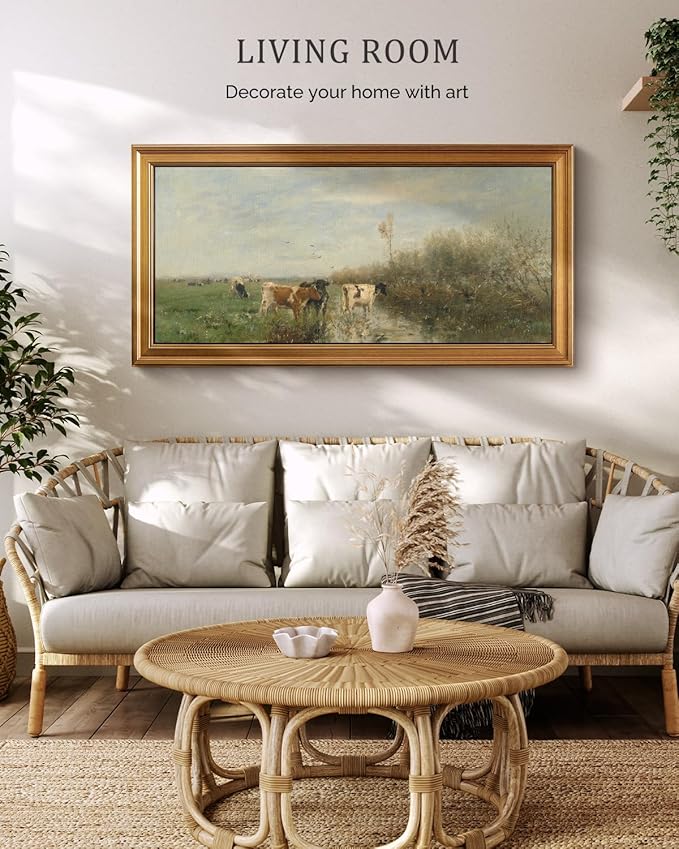 Bzstyleart Vintage Wall Art Decor, Large Canvas Framed Wall Art, Landscape Painting Picture Farmhouse, Large Canvas Artwork for Bedroom Home Decor Aesthetic, Rural Field, 20 x 40 Inch
