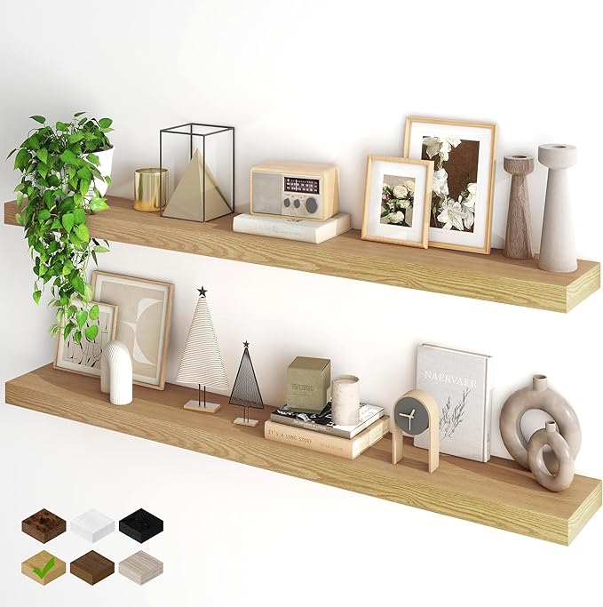 Fun Memories Floating Shelves for Wall, 55Inch Floating Shelves Set of 2, Hanging Shelf with Invisible Brackets, Wood Shelves for Living Room, Bedroom, Kitchen, Oak