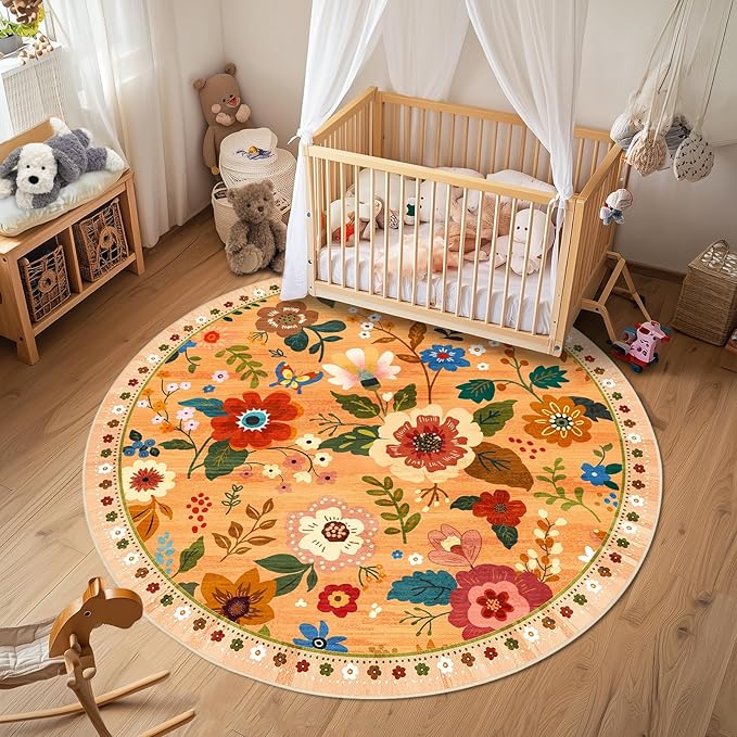 RELEANY Floral Nursery 6ft Area Rugs Washable Print Boho Cute Carpet Non Slip Flower Low Pile for Living Room Kids Girls Playroom Bedroom Kitchen Office Farmhouse-Yellow/Orange