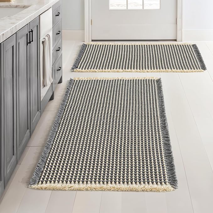 MIULEE Set of 2 Waffle Bathroom Rugs, Boho Bath Rugs Non Slip Washable, Super Absorbent Bath Mats, Ultra Soft Rubber Backed Shower Mats for Bathroom Floor, Tub, Dark Grey & Yellow, 18x30 Inch