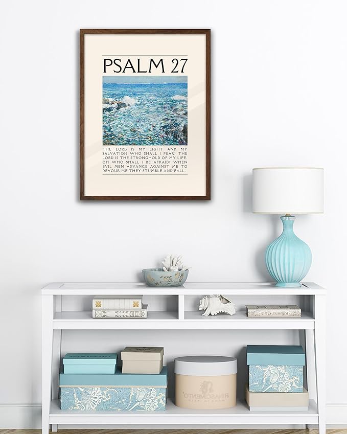 EcoHest Walnut Color OAK Wood Jesus Framed Wall Art, 12x16in Psalm 27 Bible Verse Christian Wall Art, Modern Faith Religious Bedroom Decor For Living Room Bathroom Christian Merch Gift 1Pack