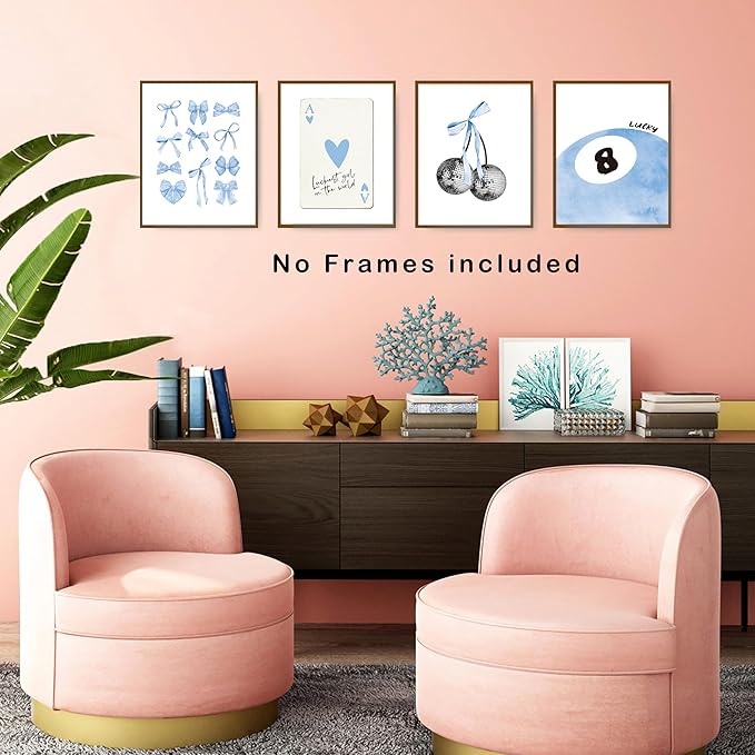 okaxscm Light Blue Coquette Trendy Preppy Wall Art Prints Set of 4, Coquette Preppy Room Decor, Blue Bow Disco 8 Ball Cherry Wall Decor Posters for Girls Bedroom Dorm, 8x10 Unframed