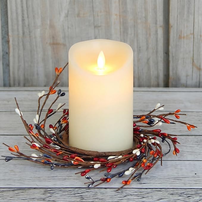 Daifunli 2 Pcs Valentine's Day Primitive Berry Candle Ring 3.9 Inch Rustic Farmhouse Red Berries Candle Ring Wreath for Pillar Candles Holder for Valentine Spring Table Centerpiece Decor