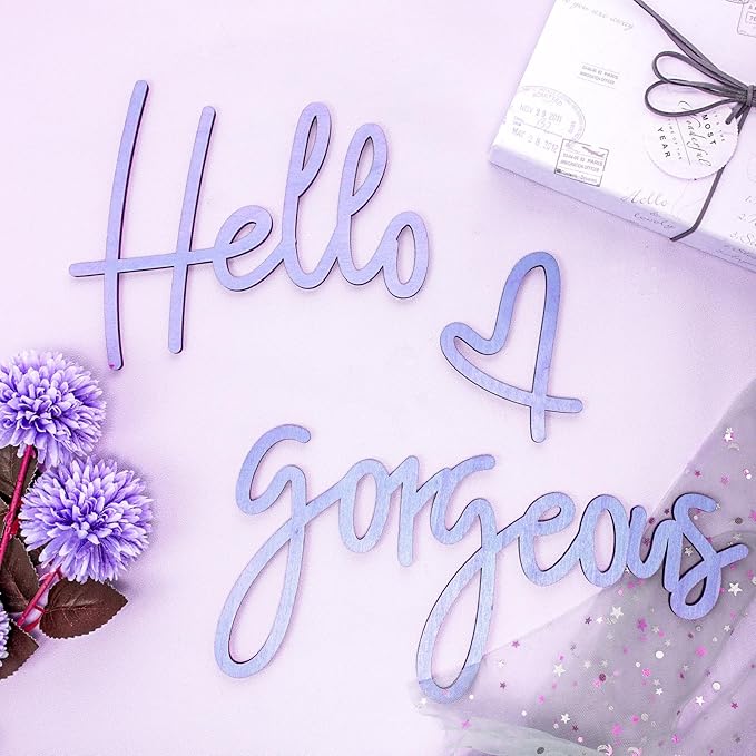 Blulu Hello Gorgeous Wall Decor Sign Hello Gorgeous Wall Art Minimalist Wooden Words Decor for Lash Room, Salon, Vanity or Makeup Room, Bathroom, Bedroom, Office(Purple)
