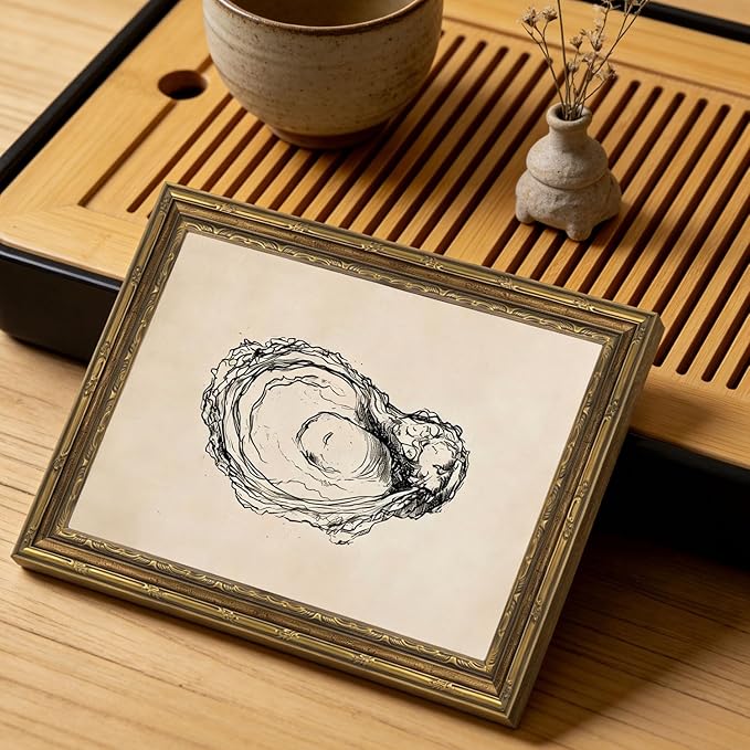 Gold Framed Wall Art Vintage Oyster Shell Sketch Wall Art Rustic Kitchen Cottagecore Seashell Wall Decor Picture Summer Beach House Still Life Poster Print for Living Room Dining Room 9x11in