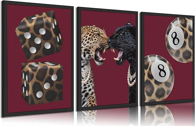 3Pcs Trendy Leopard Canvas Wall Art Funky Lucky 8 Ball Posters Prints Paintings Eclectic Cheetah Preppy Aesthetic Pictures Wall Decor for Bedroom Dorm Living Bathroom Unframed