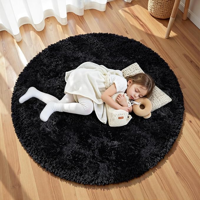 Black Round Fluffy Rug 6ft Plush Fuzzy Shaggy Carpet,Soft Rugs for Living Room for Nursery,Preppy Dorm,Classroom,Playroom,Teen,Baby Home Decor (Black 6"x6")