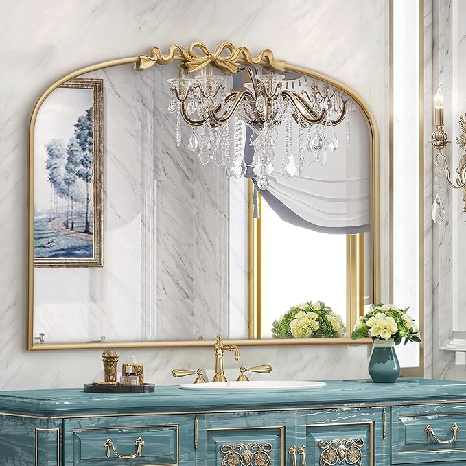 Besdomus Antique Arched Large Mirror: 36"x29" Gold Bow Vintage Wall Mounted Mirror - Baroque Traditional Ornate for Fireplace/Bathroom/Living Room - Home Decor for HFashion-Conscious