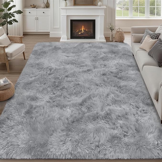 8x10 Area Rugs for Living Room Bedroom: Ultra Soft Fluffy Shag Rug Upgrade Non-Slip Non-Shedding Large Fuzzy Plush Carpet Indoor Floor Carpets for Kids Room Playroom Nursery Dorms Home Light Gray