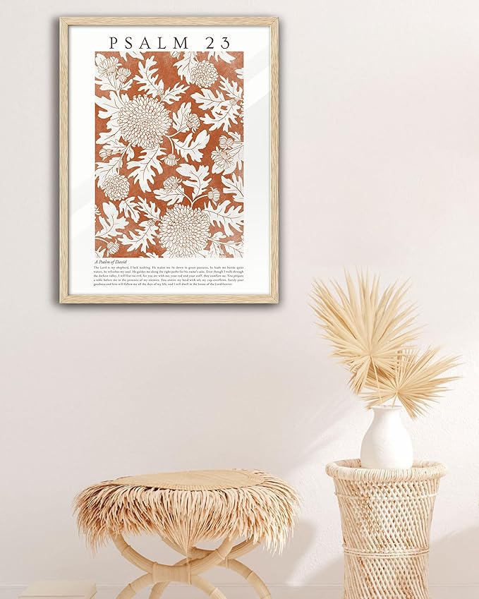 EcoHest Christian Bible Verse Framed Wall Art, Large 16x20 in OAK Wood A Psalm of David Canvas Wall Art, Psalm 23 Orange Faith Home Decor, Thanksgiving Scripture Set of 1 for Bedroom Living Room