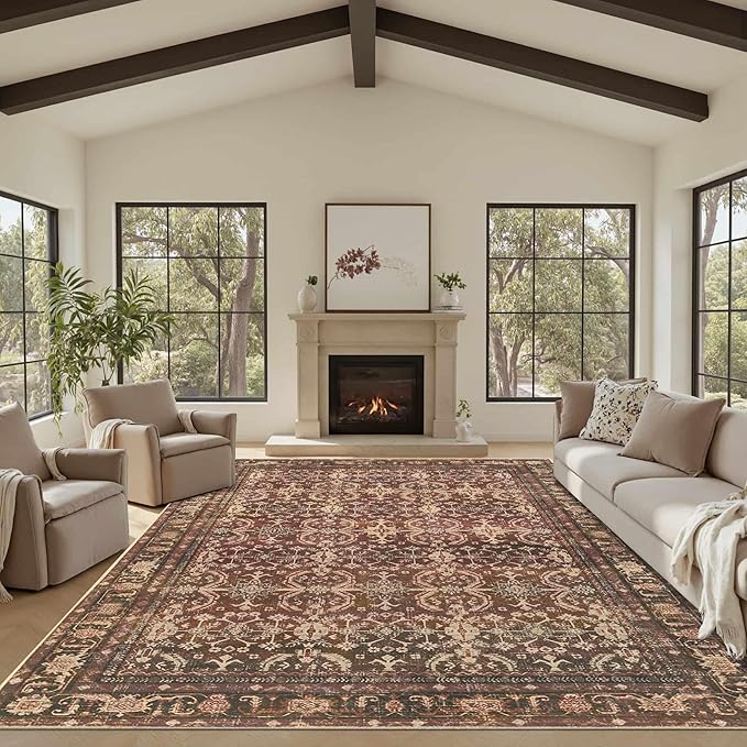 Rugxara 8x10 Area Rugs for Living Room Bedroom, Large Washable Christmas Rug, Vintage Oriental Boho Rug, Non Slip & Low Pile Faux Wool Thin Carpet for Indoor Dining Room and Kids Room(Red 8x10ft)