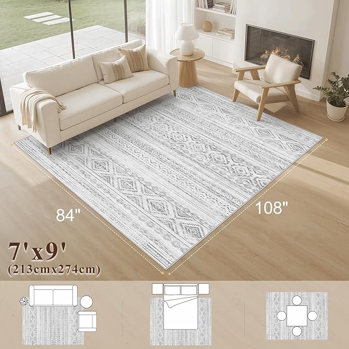 cotiled 7x9 Area Rug Living Room: Washable Boho Rugs with Non Slip Backing Large Soft Indoor Stain Resistant Carpet for Bedroom Farmhouse Dining Room Lightweight Home Decor Light Grey