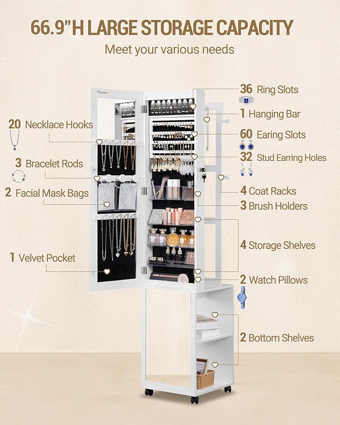 Hzuaneri 8 LEDs Jewelry Cabinet Armoire, 66.9-inch Jewelry Organizer with Garment Rack, Lockable Full-length Mirror with 4 Wheels, Storage Shelves with Hooks, 5-in-1, White and Beige JC17003B