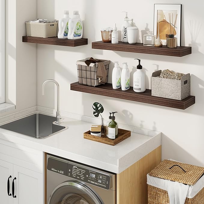 fuqing Floating Shelves for Wall, Wall Mounted Wood Floating Shelf with Invisible Brackets for Living Room, Bathroom, Bedroom, Kitchen Storage and Decor, 20 Inch Set of 2, Walnut