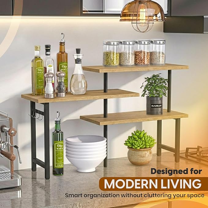 3-Tier Bamboo Corner Countertop Organizer with Extended Top Tier, Corner Shelf for Kitchen Counter, Coffee Bar Organizer, Bathroom Counter Organizer, Kitchen Corner Shelf, Space Saver