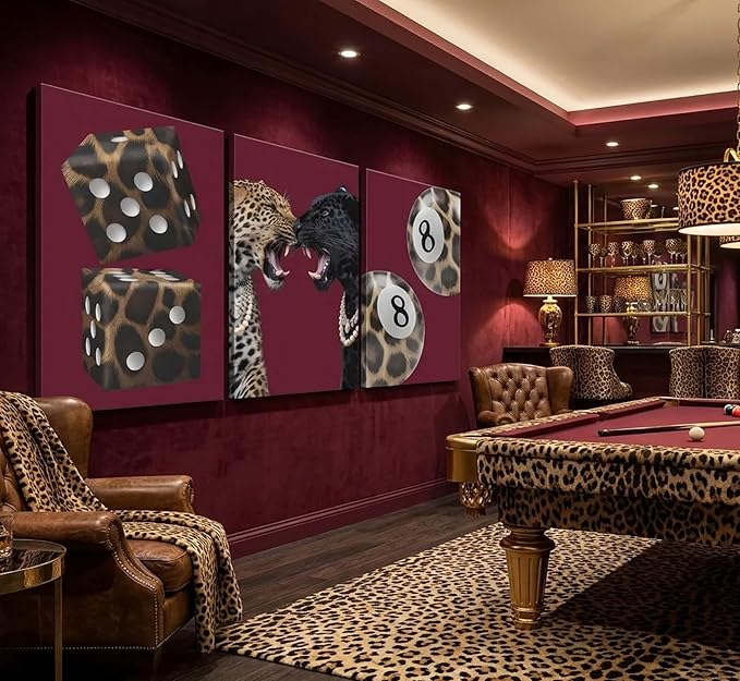 3Pcs Trendy Leopard Canvas Wall Art Funky Lucky 8 Ball Pictures Wall Decor Eclectic Cheetah Preppy Aesthetic Posters Prints Paintings for Bedroom Dorm Living Bathroom Decoration Prepare To Hang
