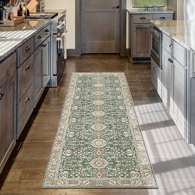 Goideal Washable Runner Rug 2x6, Vintage Rugs Non Slip, Indoor Low Pile Carpet with Rubber Backing for Kitchen Bathroom Entryway Office Bedroom,Green & Orange