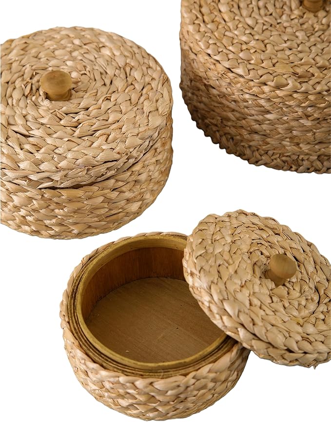 SOFE Round Rattan Storage Boxes with Lids Set of 3, Handwoven Wicker Basket, Small Baskets for Shelves, Boho Organizer Desk, Living Room Home Decoration