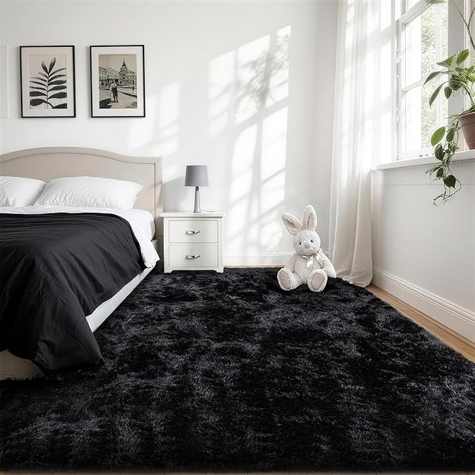 4x6 Area Rug for Living Room:Ultra Soft Fluffy Shag Black Rugs,Large Fuzzy Plush Indoor Non Slip Carpet Washable Rug for Bedroom Kids Nursery Office Dorm Modern Decor(Black 4'x6')