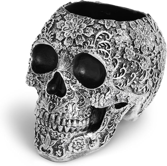 Skull Bowl Decorative Skull Vase Makeup Brush Pen Holder Organizer Dresser Gothic Table Organizer Decoration, Antique Silver Skull Pot Enthusiasts Gifts