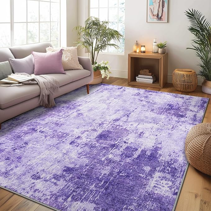 RELEANY Washable Area Rugs 5'x7' Non-Slip Modern Abstract Soft for Living Room Entryway Bedroom Nursery, Print Pattern, Purple Gray Pink White