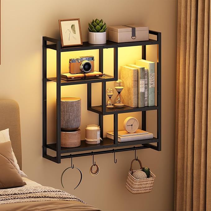 HOOBRO Gaming Floating Shelves with LED Lights, 28.7" LED Wall Mounted Shelf, 4-Tier Floating Wall Shelf for Storage, Display Rack with Hanging Bar and 4 S Hooks, for Gaming Room, Black BB37DBJ01