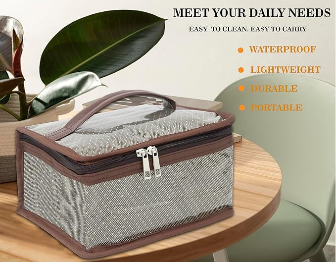 atorakushon Nylon MakeUp Organizer Case Travel Jewelry Bag Transparent Ring Earring Storage Box for Bracelet Pendant Holder with 7 Clear Zippered Pouch Brown