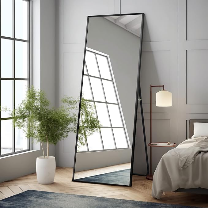 NeuType Full Length Mirror, 64"x21" Body Mirror with Stand Floor Standing Wall-Mounted Hanging or Leaning Against Wall Aluminum Alloy Thin Frame (Black)