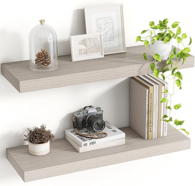Acovy 24 Inch Floating Shelves, 8 Inch Deep Floating Shelves for Wall, Hanging Shelf with Invisible Brackets, Deep Shelves for Bathroom, Bedroom, Living Room, Grey, Set of 2