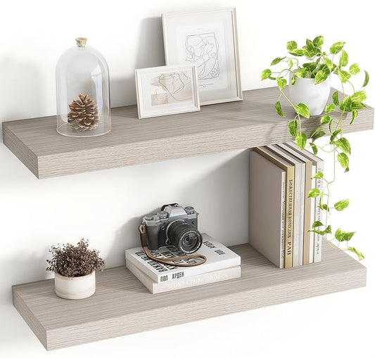 Acovy 24 Inch Floating Shelves, 8 Inch Deep Floating Shelves for Wall, Hanging Shelf with Invisible Brackets, Deep Shelves for Bathroom, Bedroom, Living Room, Grey, Set of 2