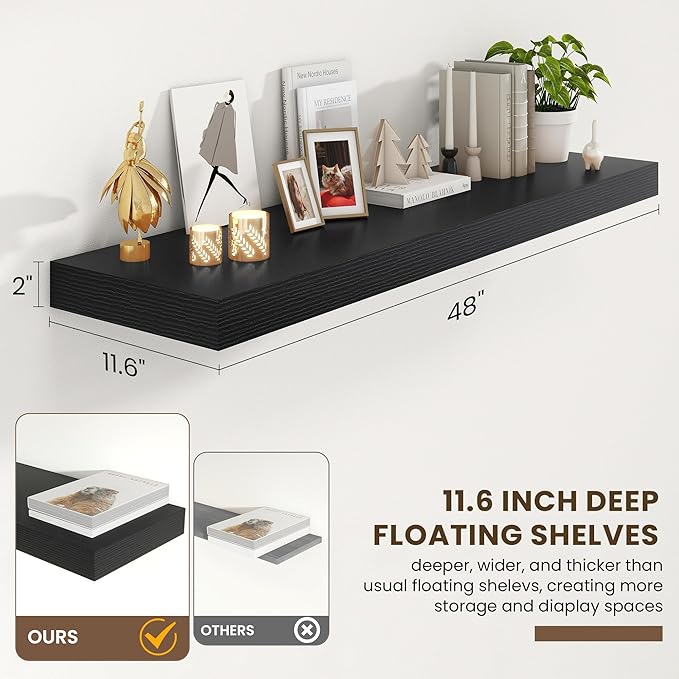 FLYJOE 48 Inch Floating Shelves | 12 Inch Deep Black Floating Shelves Set of 2 | 48" W x 12" D Black Wood Wall Shelves for Bathroom Living Room Kitchen Laundry Room