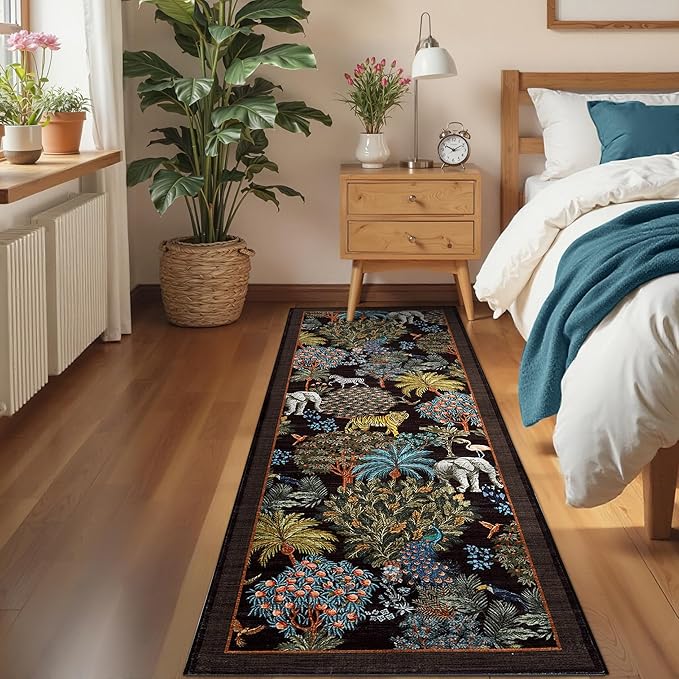 GarveeHome Jungle Rug 2x6 Kitchen Runner Rug Non Slip Washable Runners for Hallways, Animal Print Runner Rugs with Rubber Backing Soft Low-Pile Forest Long Carpet for Bedroom Entryway Laundry, Black