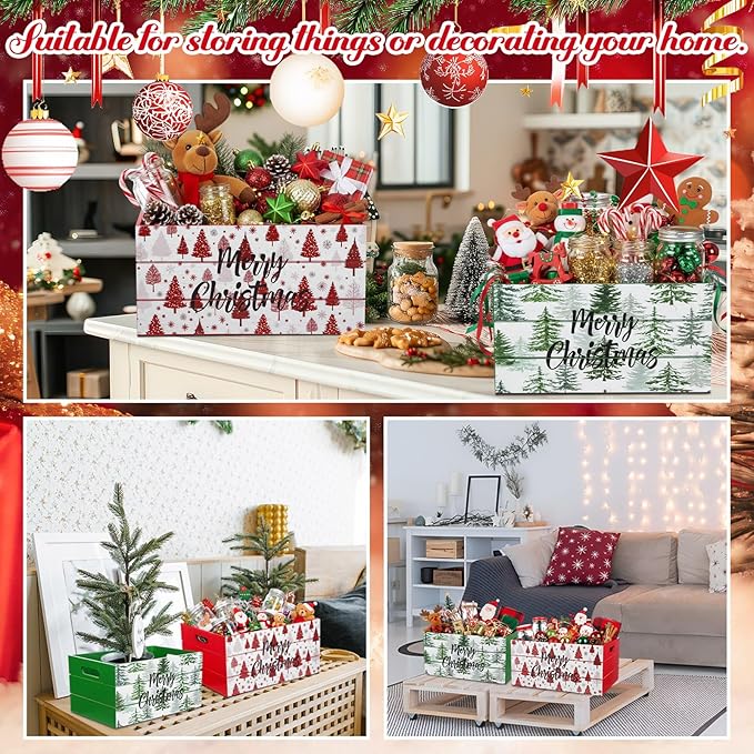 FoldTier 2 Pcs 14inch & 12inch Christmas Wood Storage Boxes with Handles Red and Green Decorative Nesting Crates Rustic Farmhouse Storage Container Xmas Decorations Organizer Bins for Home(Novel)